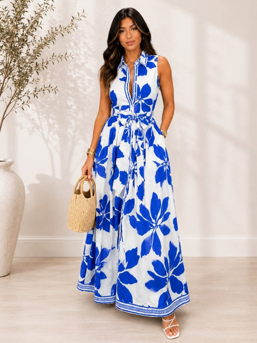 Dress Day Blue White Floral Belted Button Front Maxi Dress Size Small NWT
